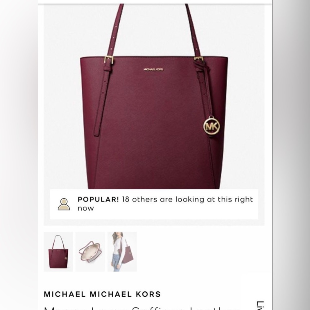 MK Megan Large Saffiano Leather Tote.
Don’t use large purses anymore. Burgundy - Picture 4 of 5